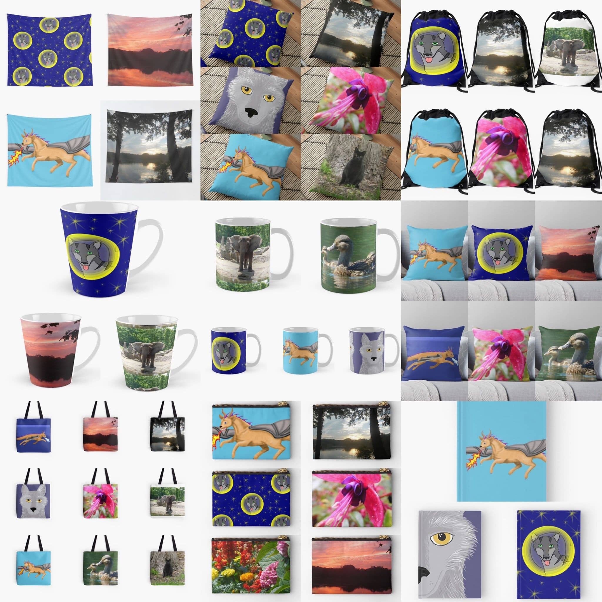 Redbubble Products A collage featuring many products that can be purchasaed on Redbubble featuring Jennifer Priester's art and photography.
